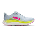 Light blue running shoe with pink 'Hoka' logo on a white background