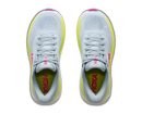 Pair of gray running shoes with pink and yellow accents on a white background