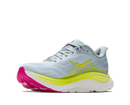 Light blue running shoe with pink and yellow sole on a white background