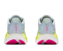 Pair of running shoes with gray, yellow, and pink design on a white background