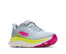 Hoka running shoe with gray, pink, and yellow design on a white background
