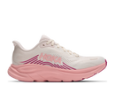 White and pink running shoe with Hoka branding on a white background