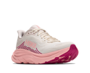 Pink and white running shoe with 'Hoka' branding on a white background