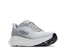 A Hoka running shoe in light gray and white with a black outsole, shown from a side profile view on a white background.