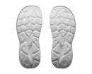 White shoe soles with tread pattern on a black background