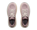 Pair of pink running shoes with beige soles on a white background