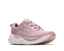 Pink running shoe with white sole on a white background