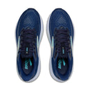 Pair of blue running shoes with white soles on a white background
