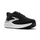 Black running shoe with white sole on a white background