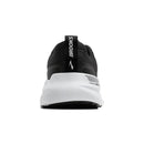 Black running shoe with white sole on a white background