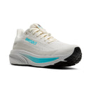 White running shoe with blue accents on a white background