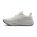 White running shoe with a blue accent on a white background