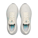 White running shoes with blue accents on a white background