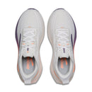 White running shoes with purple and orange accents on a white background