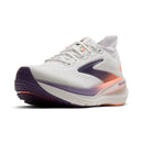 White running shoe with purple and orange accents on a white background
