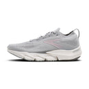 Gray running shoe with white sole on a white background