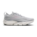 Gray running shoe with white sole on a white background