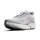 Gray running shoe with a visible brand logo on a white background