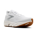 White running shoe with brown sole on a white background