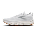 White running shoe with brown sole on a white background