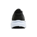 Black running shoe with white sole on a white background