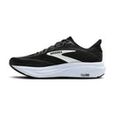 Black and white running shoe with 'Brooks' branding on a white background