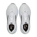 White running shoes with black soles on a white background
