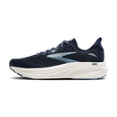 Brooks Ghost running shoe in navy blue with a white midsole and light blue accents, shown in a side profile on a white background.