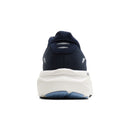 A rear view of a navy blue athletic shoe with a thick white midsole and a light blue outsole, shown against a plain white background.