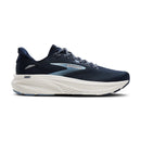 Brooks Ghost running shoe in navy blue and white, featuring a dark navy mesh upper, light blue Brooks logo, and a thick white cushioned midsole.