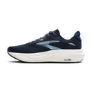 Brooks Glycerin running shoe in navy blue and white, featuring a dark navy mesh upper, a light blue and white Brooks logo on the side, and a thick white cushioned midsole.