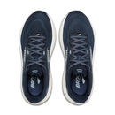 A pair of Brooks Ghost running shoes in navy blue and white, shown from a top-down view on a solid white background.