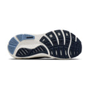 The outsole of a running shoe shown from a side profile view, featuring a dark navy blue tread pattern with a white midsole and light blue heel accent on a white background.