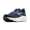 Brooks running shoe in navy blue and white, featuring a breathable mesh upper, gray laces, and a thick white cushioned midsole.
