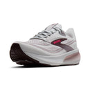 Brooks women's running shoe in white and gray with a dusty purple side stripe and a pink Brooks logo, shown from a side profile on a white background.