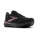 Black running shoe with pink accents on a white background