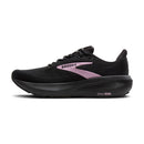 Black running shoe with pink accents on a white background