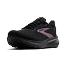 Black running shoe with pink Brooks logo on a white background