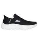 Black running shoe with white sole on a white background