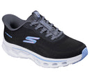 Black and gray sneaker with blue accents on a white background