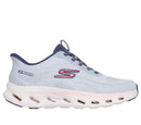 Light blue running shoe with pink accents on a white background