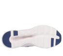 White athletic shoe with blue accents on a white background