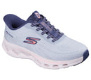 Light blue running shoe with navy accents on a white background