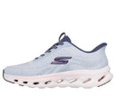 Light blue running shoe with white sole on a white background