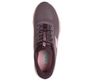 A single Skechers running shoe shown from a top-down view, featuring a dark plum purple mesh upper, matching purple laces, and a light pink inner lining and heel accent, set against a plain white background.