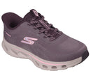 A Skechers running shoe in a muted purple-gray colorway with pink accents on the logo, laces, and midsole, shown against a plain white background.
