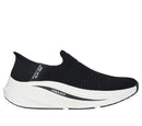 Brown running shoe with orange skechers logo on a white background