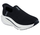 Black slip-on sneaker with white sole on a white background
