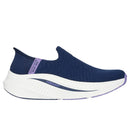Navy slip-on sneaker with white sole on a white background