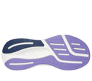 Purple sneaker with a white sole on a black background